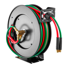 Retractable Welding Hose Reel, 1/4-Inch x 50FT Twin Oxygen Acetylene Rubber Hose Max 300PSI - T Grade, Ceiling/Wall Mount Heavy Duty Steel Hose Reel Auto-Rewind, Ideal for Workshops Garages