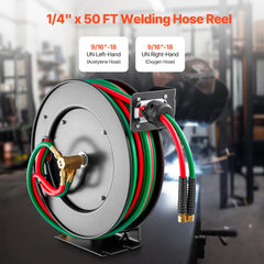 Retractable Welding Hose Reel, 1/4-Inch x 50FT Twin Oxygen Acetylene Rubber Hose Max 300PSI - T Grade, Ceiling/Wall Mount Heavy Duty Steel Hose Reel Auto-Rewind, Ideal for Workshops Garages