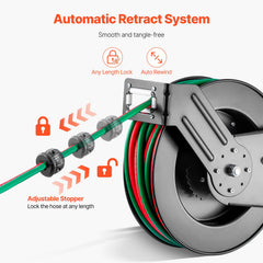Retractable Welding Hose Reel, 1/4-Inch x 50FT Twin Oxygen Acetylene Rubber Hose Max 300PSI - T Grade, Ceiling/Wall Mount Heavy Duty Steel Hose Reel Auto-Rewind, Ideal for Workshops Garages