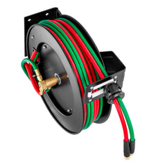 Retractable Welding Hose Reel, 1/4-Inch x 50FT Twin Oxygen Acetylene Rubber Hose Max 300PSI - T Grade, Ceiling/Wall Mount Heavy Duty Steel Hose Reel Auto-Rewind, Ideal for Workshops Garages