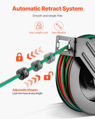 Retractable Welding Hose Reel, 1/4-Inch x 50FT Twin Oxygen Acetylene Rubber Hose Max 300PSI - T Grade, Ceiling/Wall Mount Heavy Duty Steel Hose Reel Auto-Rewind, Ideal for Workshops Garages