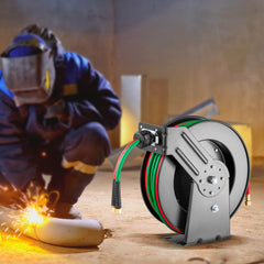 Retractable Welding Hose Reel, 1/4-Inch x 50FT Twin Oxygen Acetylene Rubber Hose Max 300PSI - T Grade, Ceiling/Wall Mount Heavy Duty Steel Hose Reel Auto-Rewind, Ideal for Workshops Garages