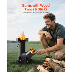 Camping Rocket Stove, Wood Burning Portable Rocket Stove with Carrying Bag for Backpacking, Carbon Steel, Burn Wood, Twigs or Sticks for Outdoor Cooking, Backyard, Camp Cooking, Heating, Black