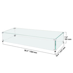 Glass Wind Guard for Rectangular Fire Pit Table 924 x 417 x 191 mm, 8mm Thick and Sturdy Tempered Glass Panel with Hard Aluminum Corner Bracket & Rubber Feet, Easy to Assemble