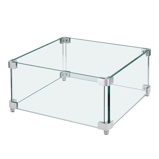 Gas Fire Pit Wind Guard for Square Fire Table, 380 x 380 x 180 mm Clear Tempered Wind Guard for Firepits, 8mm Thick Square Glass Shield, Glass Panel with Hard Corner Bracket & Feet