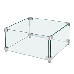 Gas Fire Pit Wind Guard for Square Fire Table, 380 x 380 x 180 mm Clear Tempered Wind Guard for Firepits, 8mm Thick Square Glass Shield, Glass Panel with Hard Corner Bracket & Feet