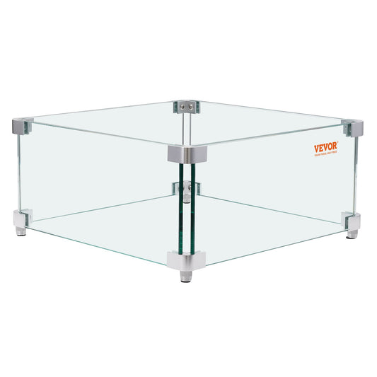 Gas Fire Pit Wind Guard for Square Fire Table, 380 x 380 x 180 mm Clear Tempered Wind Guard for Firepits, 8mm Thick Square Glass Shield, Glass Panel with Hard Corner Bracket & Feet