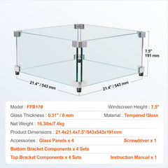 Gas Fire Pit Wind Guard for Square Fire Table, 543 x 543 x 191 mm Clear Tempered Wind Guard for Firepits, 8mm Thick Square Glass Shield, Glass Panel with Hard Corner Bracket & Feet