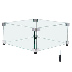 Gas Fire Pit Wind Guard for Square Fire Table, 543 x 543 x 191 mm Clear Tempered Wind Guard for Firepits, 8mm Thick Square Glass Shield, Glass Panel with Hard Corner Bracket & Feet