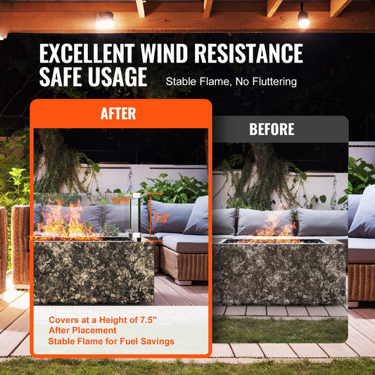 Gas Fire Pit Wind Guard for Square Fire Table, 543 x 543 x 191 mm Clear Tempered Wind Guard for Firepits, 8mm Thick Square Glass Shield, Glass Panel with Hard Corner Bracket & Feet