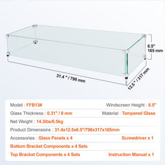 Glass Wind Guard for Rectangular Fire Pit Table 798 x 317 x 165 mm, 8mm Thick and Sturdy Tempered Glass Panel with Hard Aluminum Corner Bracket & Rubber Feet, Easy to Assemble