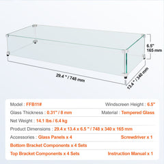 Glass Wind Guard for Rectangular Fire Pit Table 748 x 340 x 165 mm, 8mm Thick and Sturdy Tempered Glass Panel with Hard Aluminum Corner Bracket & Rubber Feet, Easy to Assemble