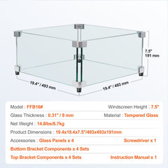Gas Fire Pit Wind Guard for Square Fire Table, 493 x 493 x 191 mm Clear Tempered Wind Guard for Firepits, 8mm Thick Square Glass Shield, Glass Panel with Hard Corner Bracket & Feet