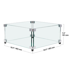Gas Fire Pit Wind Guard for Square Fire Table, 493 x 493 x 191 mm Clear Tempered Wind Guard for Firepits, 8mm Thick Square Glass Shield, Glass Panel with Hard Corner Bracket & Feet
