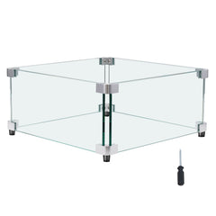 Gas Fire Pit Wind Guard for Square Fire Table, 493 x 493 x 191 mm Clear Tempered Wind Guard for Firepits, 8mm Thick Square Glass Shield, Glass Panel with Hard Corner Bracket & Feet