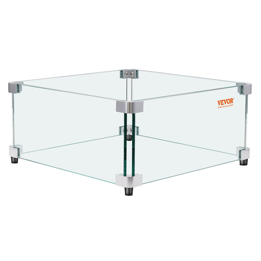Gas Fire Pit Wind Guard for Square Fire Table, 493 x 493 x 191 mm Clear Tempered Wind Guard for Firepits, 8mm Thick Square Glass Shield, Glass Panel with Hard Corner Bracket & Feet