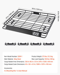 Roof Rack Cargo Carrier, 1095 x 1270 x 105 mm, Universal Rooftop Cargo Basket, Car Top Luggage Holder with 68 kg Max Load Capacity, 4.1 in Fence, Anti-Rust Alloy Steel, Wind Fairing, for SUV Car