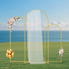 Wedding Arch Backdrop Stand, Set of 3, Metal Stable Stand with Case Connection & Chassis Crossbar Design, Easy-to-Assemble Gold Stand with Premium Metal, Fit for Birthday, Celebration, Holiday