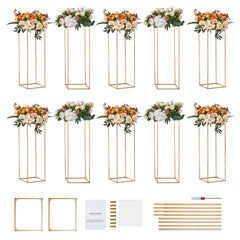 10PCS 31.5inch/80cm High Wedding Flower Stand, With Acrylic Laminate,Metal Vase Column Geometric Centerpiece Stands, Gold Rectangular Floral Display Rack for Events Reception, Party Decoration