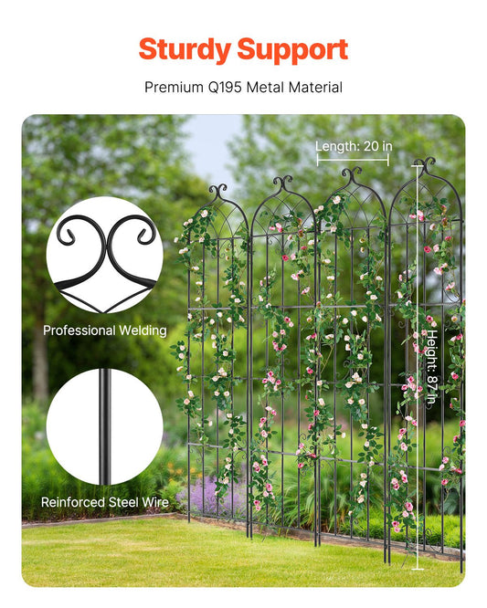 Garden Trellis for Climbing Plants, 87 x 20 in, 4 Packs Rustproof Metal Garden Flower Trellis, Outdoor Climbing Rose Trellis Cucumbers Support, Decorative Clematis Trellis for Courtyards Lawns