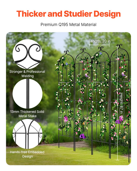 Garden Trellis for Climbing Plants, 87 x 20 in, 4 Packs Rustproof Metal Garden Flower Trellis, Outdoor Climbing Rose Trellis Cucumbers Support, Decorative Clematis Trellis for Courtyards Lawns