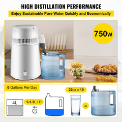 Water Distiller Purifier Pure Water Distiller Filters Water Distillation 4L Internal Stainless Steel with Collection Bottle