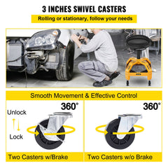 Rolling Garage Stool, 300LBS Capacity, Adjustable Height from 24 in to 28.7 in, Mechanic Seat with 360-degree Swivel Wheels and Tool Tray, for Workshop, Auto Repair Shop, Yellow