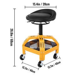 Rolling Garage Stool, 300LBS Capacity, Adjustable Height from 24 in to 28.7 in, Mechanic Seat with 360-degree Swivel Wheels and Tool Tray, for Workshop, Auto Repair Shop, Yellow
