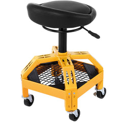 Rolling Garage Stool, 300LBS Capacity, Adjustable Height from 24 in to 28.7 in, Mechanic Seat with 360-degree Swivel Wheels and Tool Tray, for Workshop, Auto Repair Shop, Yellow