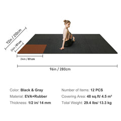 12 PCS 14 mm Thick Gym Floor Mats, 24" x 24" EVA Foam & Rubber Top Interlocking Workout Floor Mats with 4.5 m² Coverage, Waterproof Exercise Puzzle Flooring for Gym, Home, Garage, Basemen