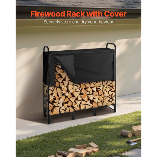 Firewood Rack with Waterproof Cover, 1.22m Outdoor Firewood Holder, 1/4 Cord Storage Metal Log Holder, 400lb Max Weight Capacity, Top Covered, Powder-Coated Wood Storage Rack for Fireplace Deck