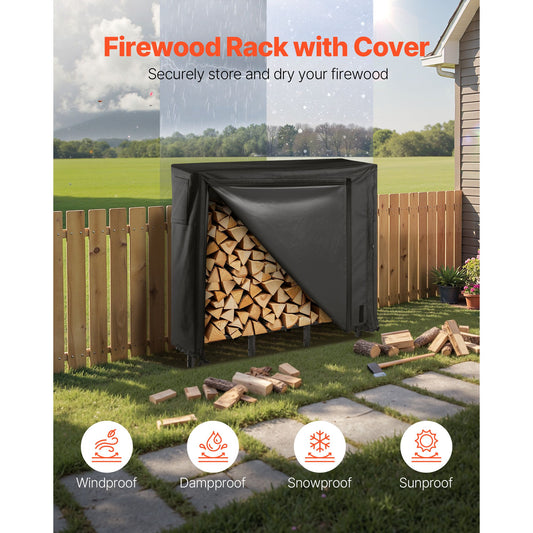 Firewood Rack with Waterproof Cover, 1.22m Outdoor Firewood Holder, 1/4 Cord Storage Metal Log Holder, 400lb Max Weight Capacity, Full Covered, Powder-Coated Wood Storage Rack for Fireplace Deck