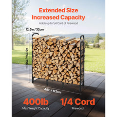 Firewood Rack with Waterproof Cover, 1.22m Outdoor Firewood Holder, 1/4 Cord Storage Metal Log Holder, 400lb Max Weight Capacity, Full Covered, Powder-Coated Wood Storage Rack for Fireplace Deck