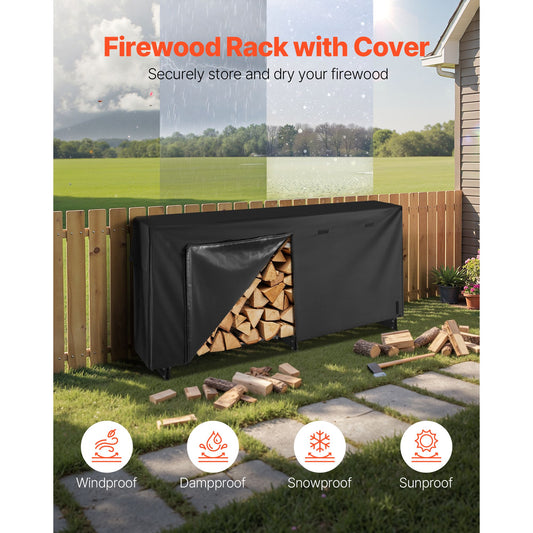 Firewood Rack with Waterproof Cover, 2.57m Outdoor Firewood Holder, 1/2 Cord Storage Metal Log Holder, 299kg Max Weight Capacity, Top Covered, Powder-Coated Wood Storage Rack for Fireplace Deck