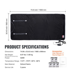 Sauna Blanket for Detoxification, Portable Far Infrared Sauna for Home, Oxford Sauna Bag w/ Arm Holes & Carbon Fiber Heating, 1-6 Level Adjustable Temp35-80°C, 5-60 Minutes Timer, 1900x900mm