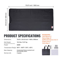 Sauna Blanket for Detoxification, Portable Far Infrared Sauna for Home Relaxation, 1-6 Level Adjustable Temprature Rannge 35-85°C, 1-60 Minutes Timer,1800x800mm