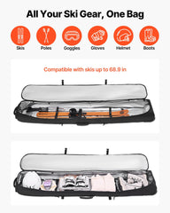 Ski Roller Bag, Up to 74.8 in/190 cm, Padded Snowboard Bag with Wheels for Air Travel, 600D Waterproof Oxford Fabric, with Adjustable Straps, for Skis Poles Goggles Gloves Helmet Boots (Black)