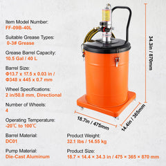Grease Pump, 40L Capacity, Air Operated Grease Pump with 3.88 m High Pressure Hose and Grease Gun, Pneumatic Grease Bucket Pump with Wheels, Portable Lubrication Grease Pump 50:1 Pressure Ratio