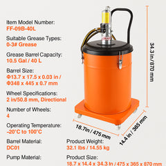 Grease Pump, 40L Capacity, Air Operated Grease Pump with 3.88 m High Pressure Hose and Grease Gun, Pneumatic Grease Bucket Pump with Wheels, Portable Lubrication Grease Pump 50:1 Pressure Ratio