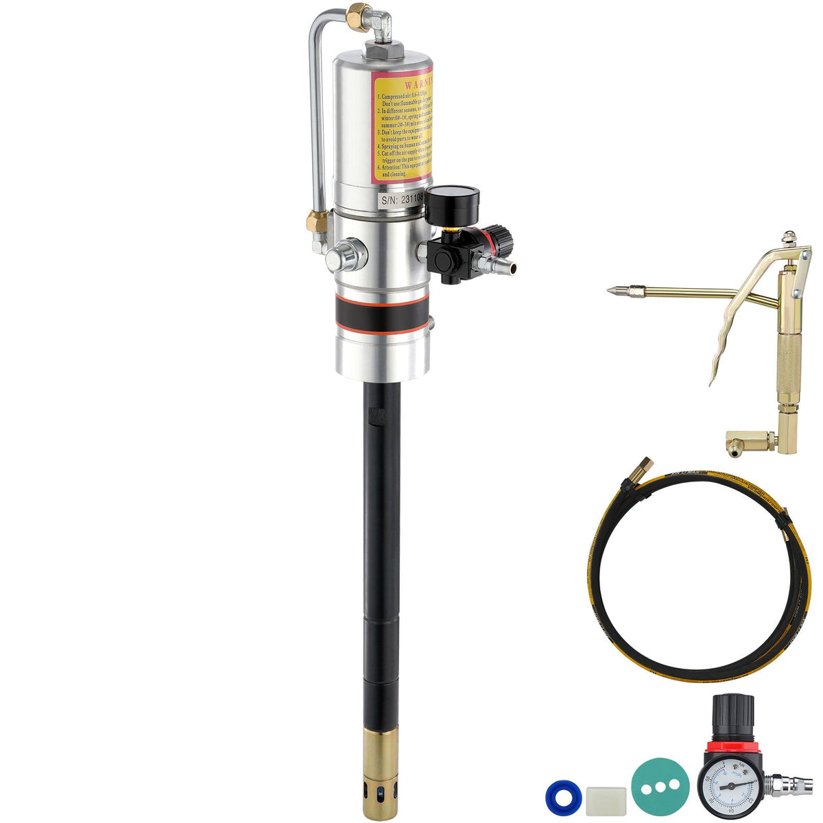 Grease Pump, 50:1 Pressure Ratio Air Operated Grease Pump with 3.88 m High Pressure Hose and Grease Gun, Pneumatic Grease Pump, Portable Lubrication Grease Pump with 360° Swivel Grease Gun Head