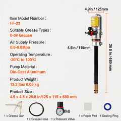 Grease Pump, 50:1 Pressure Ratio Air Operated Grease Pump with 3.88 m High Pressure Hose and Grease Gun, Pneumatic Grease Pump, Portable Lubrication Grease Pump with 360° Swivel Grease Gun Head