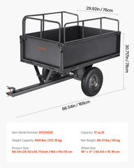 Garden Utility Trailer, 17 Cu. Ft & 272 kg Capacity, ATV UTV Hauling Trailer, Tow Behind Steel Dump Cart with 16" Tires, Hand Pull or Foot Pedal, Heavy Duty Yard Trailers for Lawn Mower Tractor