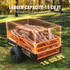 Heavy Duty Steel ATV Dump Trailer, 1500-Pound Load Capacity 15 Cubic Feet, Tow Behind Dump Cart Garden Trailer, with Removable Sides and 2 Tires, for Mowers, Tractors, ATV, UTV