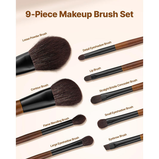 9-Piece Makeup Brush Set for Foundation Blending Eyeshadow, Professional Makeup Brush Kit with Soft Natural Wool & Vegan Synthetic Bristles, Ergonomic Wood Handle, Travel-Friendly Storage Bag