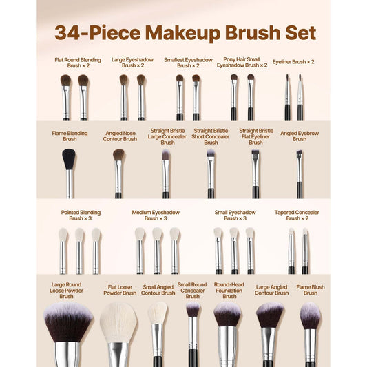 34-Piece Makeup Brush Set, Professional Brushes Kit for Foundation Blending Eyeshadow Concealer Blush - with Soft Bristles, Ergonomic Wood Handle, Travel-Friendly Case Included