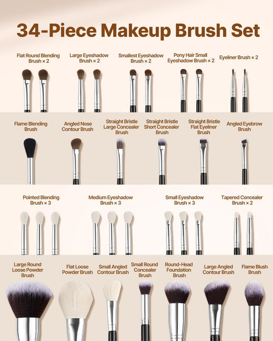 34-Piece Makeup Brush Set, Professional Brushes Kit for Foundation Blending Eyeshadow Concealer Blush - with Soft Bristles, Ergonomic Wood Handle, Travel-Friendly Case Included