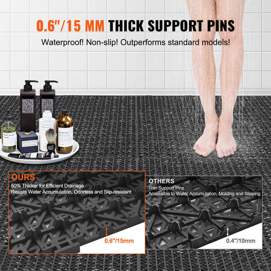 Modular Interlocking Cushion, 12 Pack 30 x 30 cm Splicing Drainage Mats, PVC Interlocking Drainage Floor Tiles, Non-Slip Drainage Holes for Restroom, Bathroom, Kitchen, Pool, Wet Area, Black