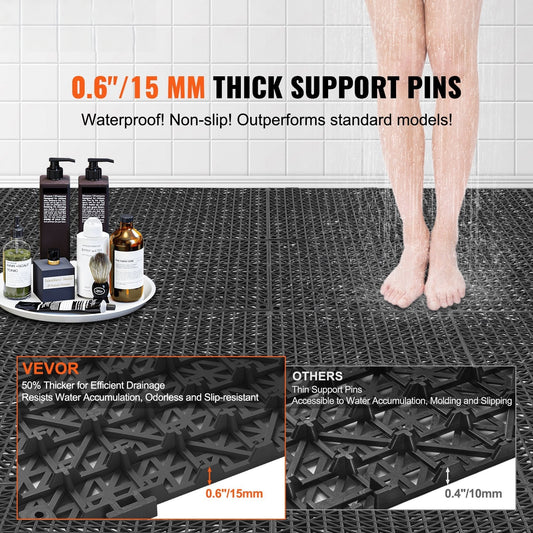 Modular Interlocking Cushion, 12 Pack 30 x 30 cm Splicing Drainage Mats, PVC Interlocking Drainage Floor Tiles, Non-Slip Drainage Holes for Restroom, Bathroom, Kitchen, Pool, Wet Area, Black