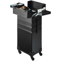 5 in 1 Professional Makeup Train Case Aluminum Cosmetic Case, Rolling Makeup Case Extra Large Trolley Makeup Travel Organizer, with 360° Swivel Wheels & Adjustable Pull Rod, Black