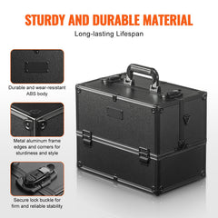 Makeup Train Case 370MM Large Portable Cosmetic Case, 6 Tier Trays Professional Makeup Storage Organizer Box Make Up Carrier with Handle And Strap Travel Case for Women and Girls - Black